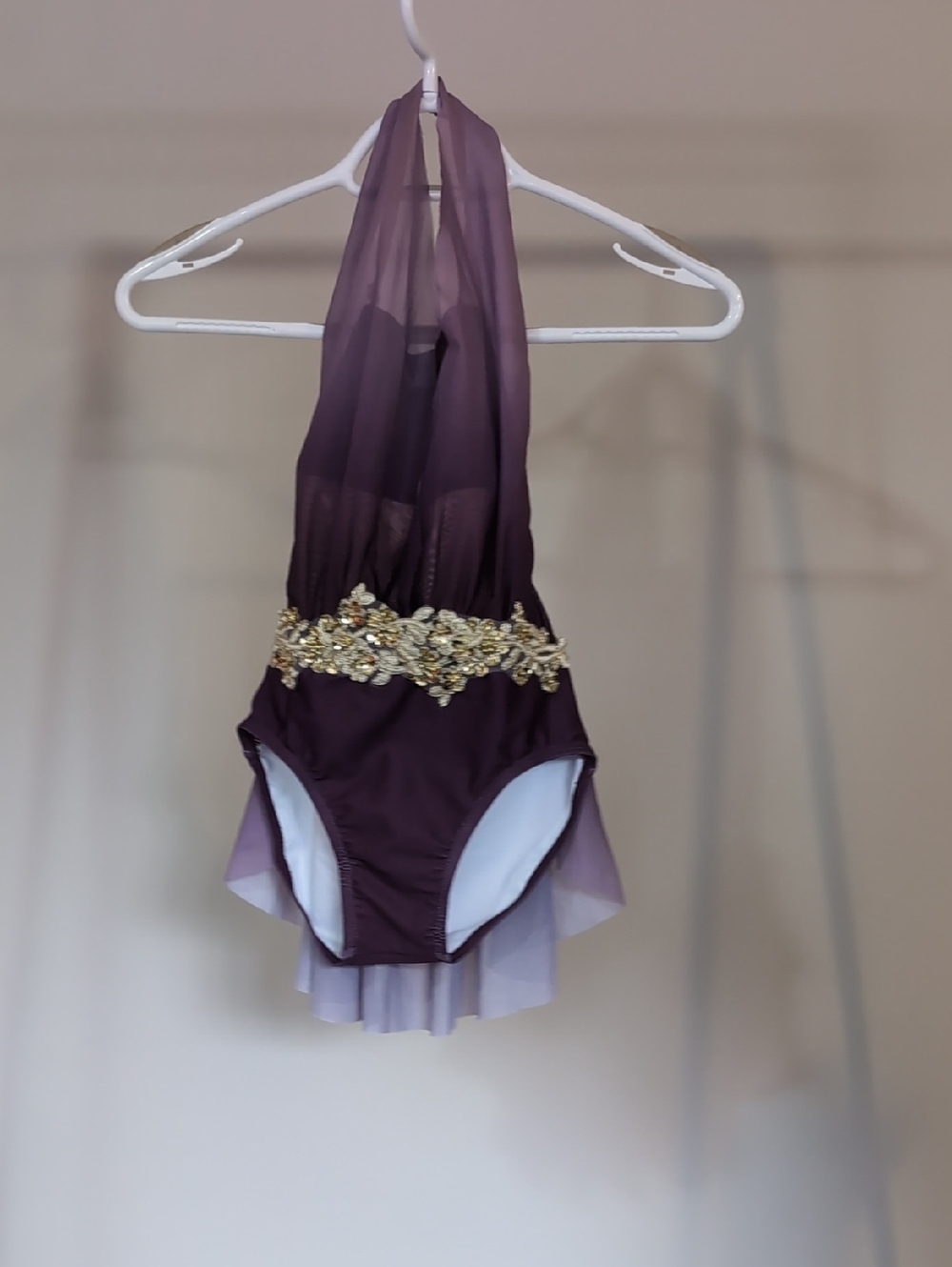 Weissman Purple Halter Dance Leotard with Gold Applique